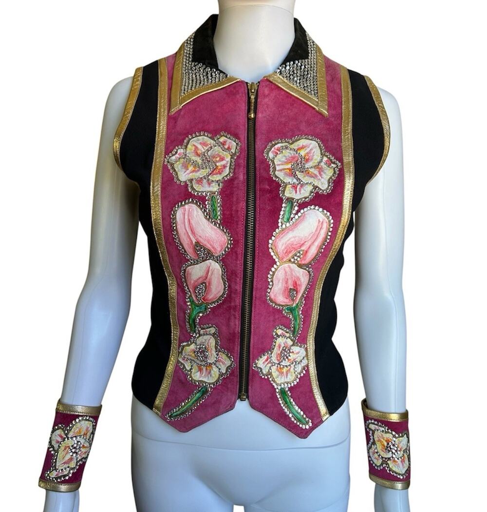 Diane Olsen Lambskin Suede Western Show Vest Rhinestone Floral Cuffs Set L